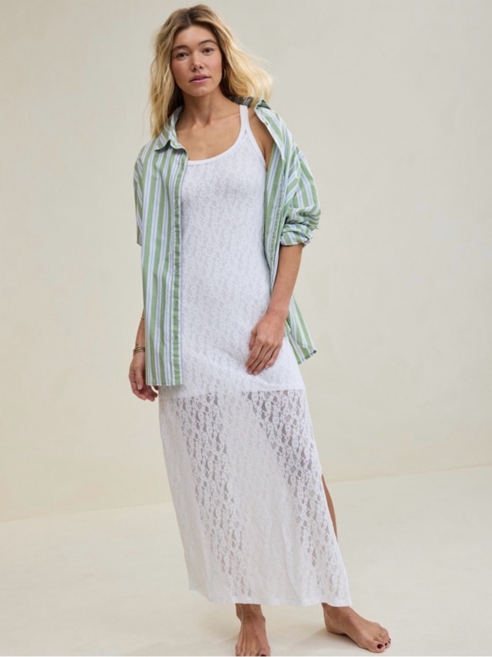 Aerie NWT Sheer Lace Maxi Slip Dress Floral Print Scoop Neck Vintage Inspired